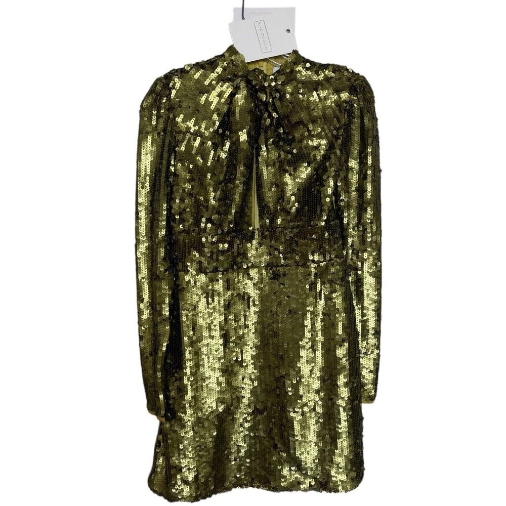 Mac Duggal Dress Size 2 Chartreuse Green Yellow Mini Long Sleeve Sequined 10997
